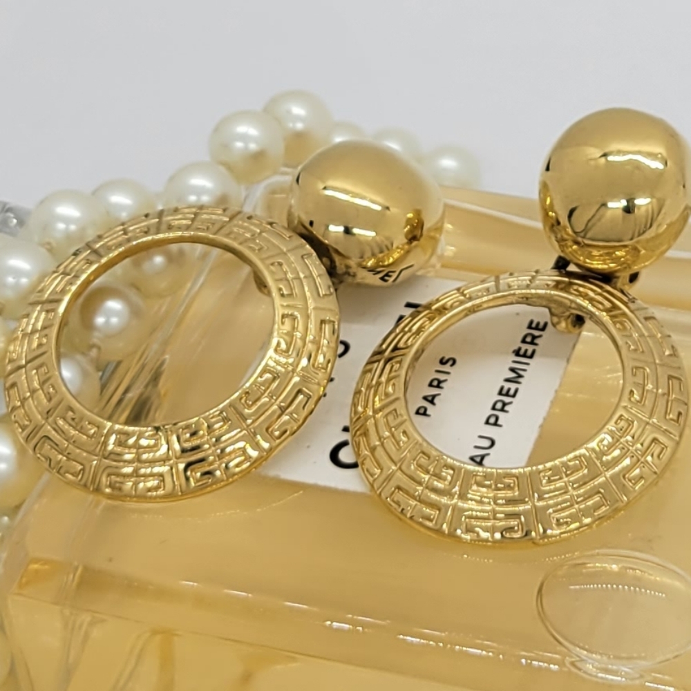 Vintage Givenchy  Rare Signed Hoop Logo Door Knocker Clip On Earrings
